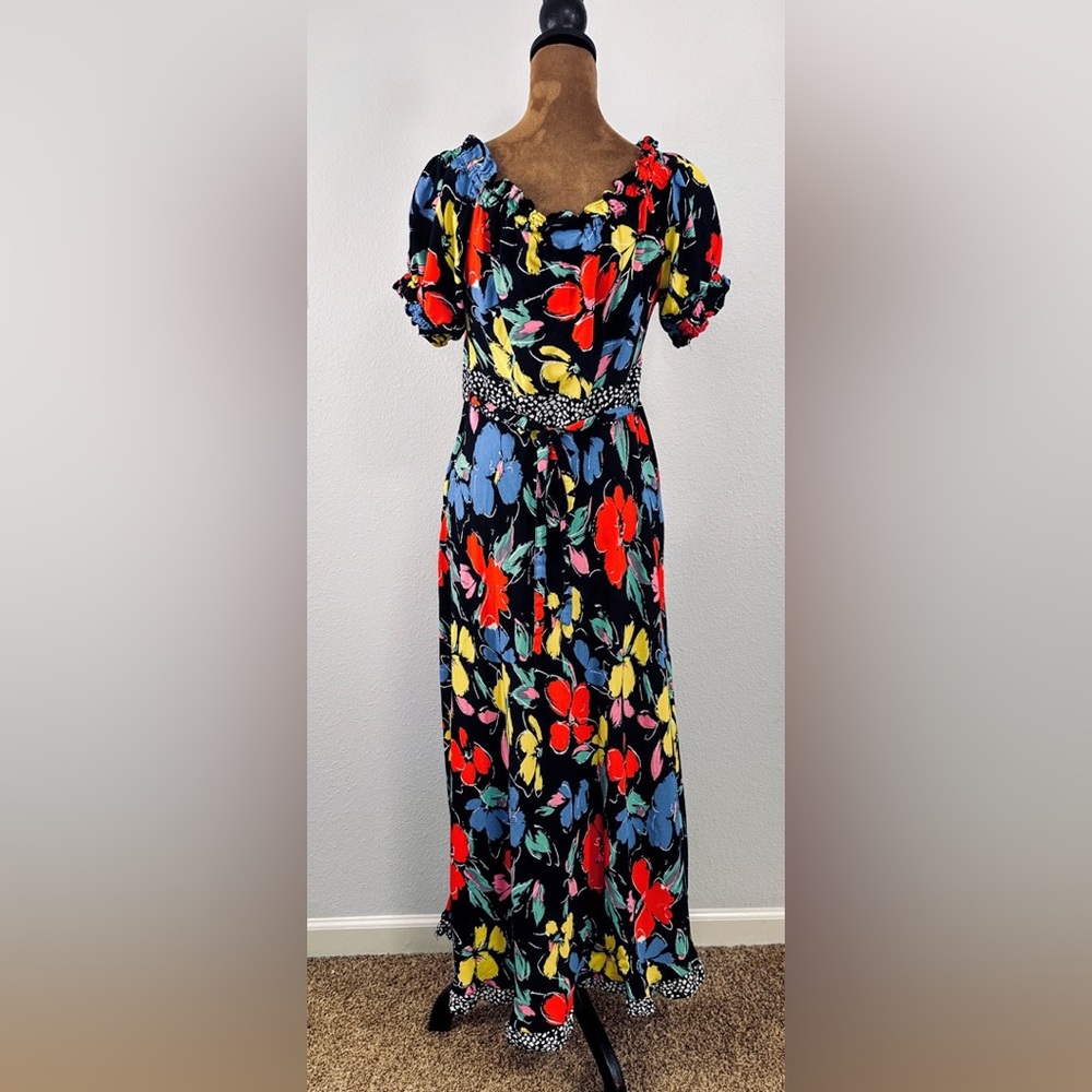 RIXO for Target Maxi Dress Women 10 Black Floral Polka Dot Excellent Puff Sleeve